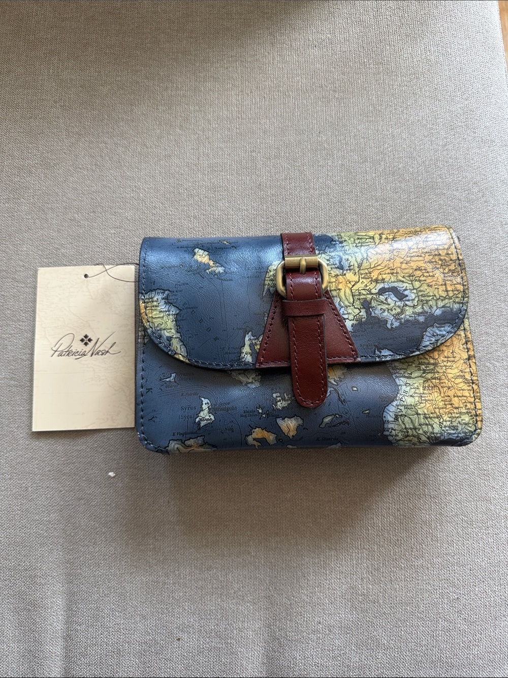 Patricia Nash Navy Map Print Leather Crossbody Wallet with Brown Strap - Picture 1 of 11